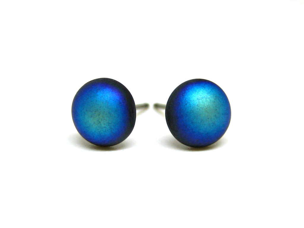 7mm Black & Blue Matte Glass Titanium Stud Earrings