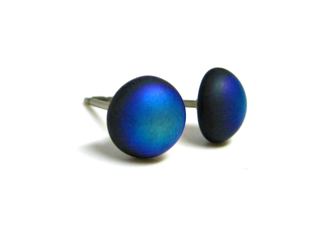 7mm Black & Blue Matte Glass Titanium Stud Earrings