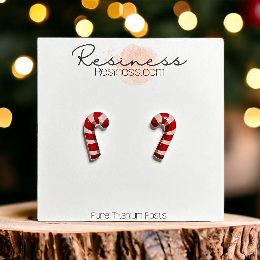 Christmas Candy Cane Titanium Stud Earrings