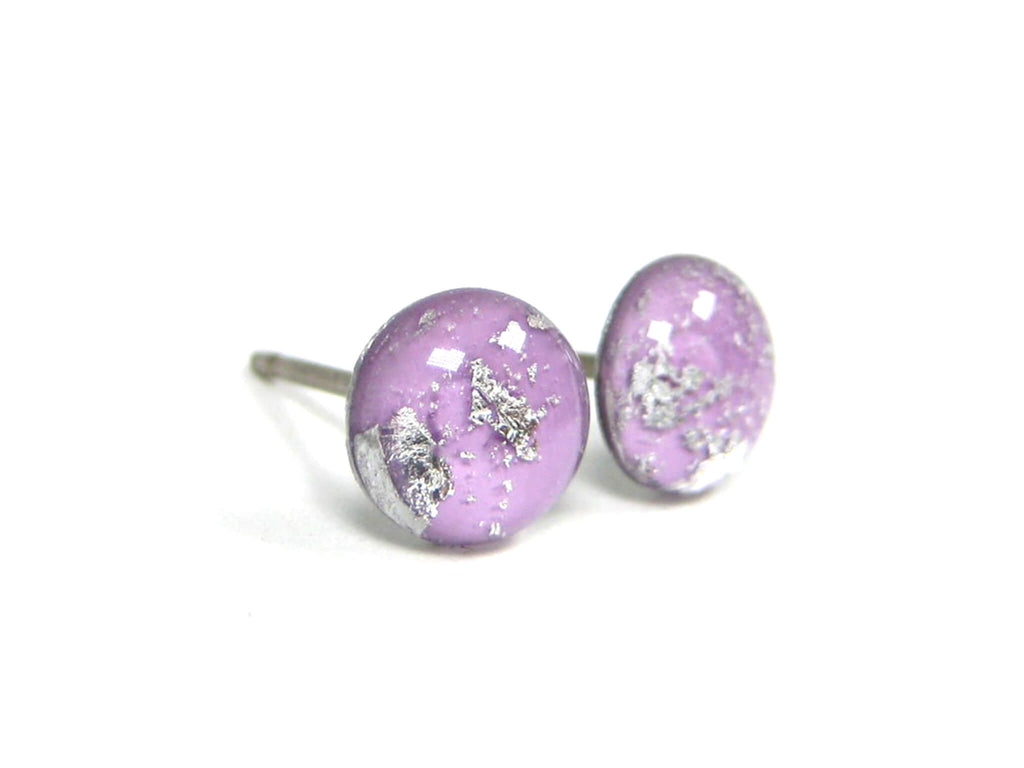 African Violet Purple Silver Dust Titanium Stud Earrings