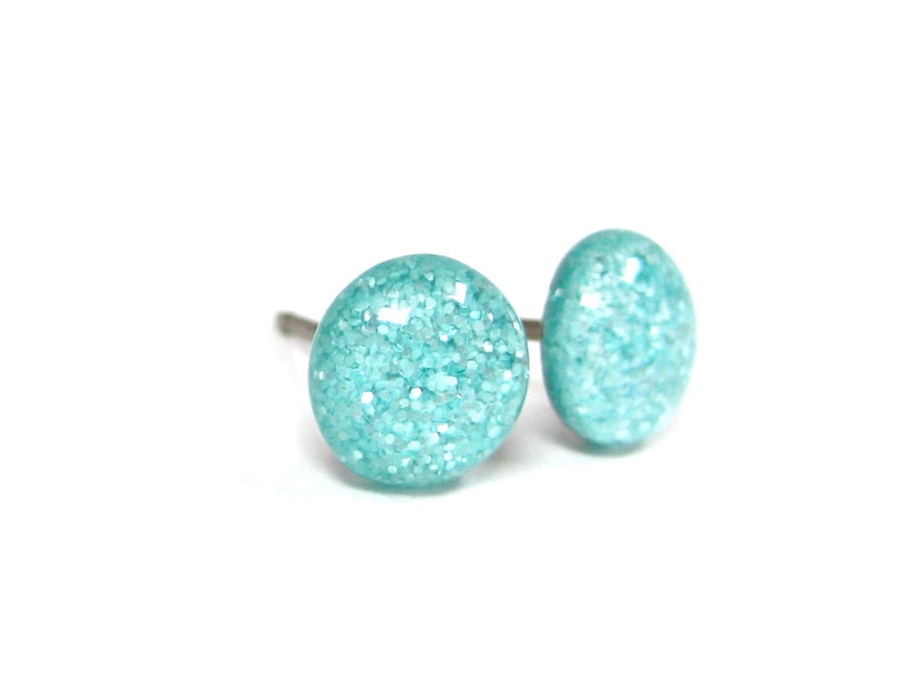 Aqua Tulip Teal Glitter Titanium Stud Earrings