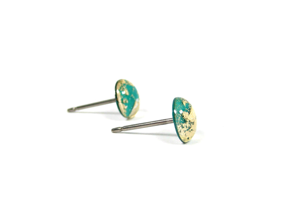 Aquamarine Teal Gold Dust Titanium Stud Earrings