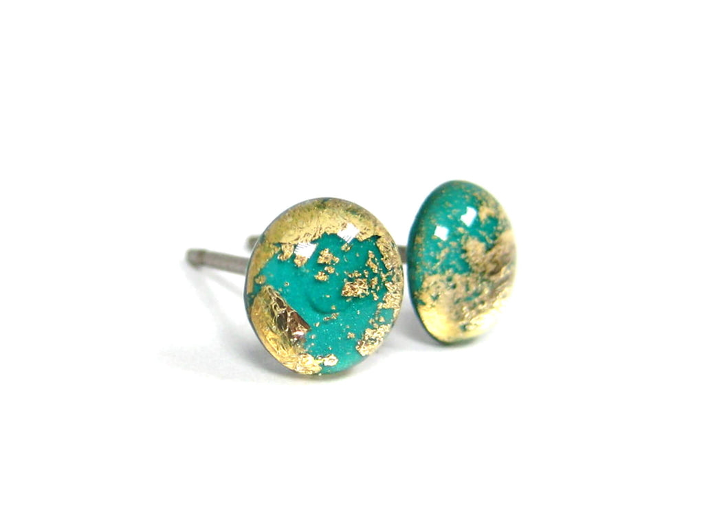 Aquamarine Teal Gold Dust Titanium Stud Earrings