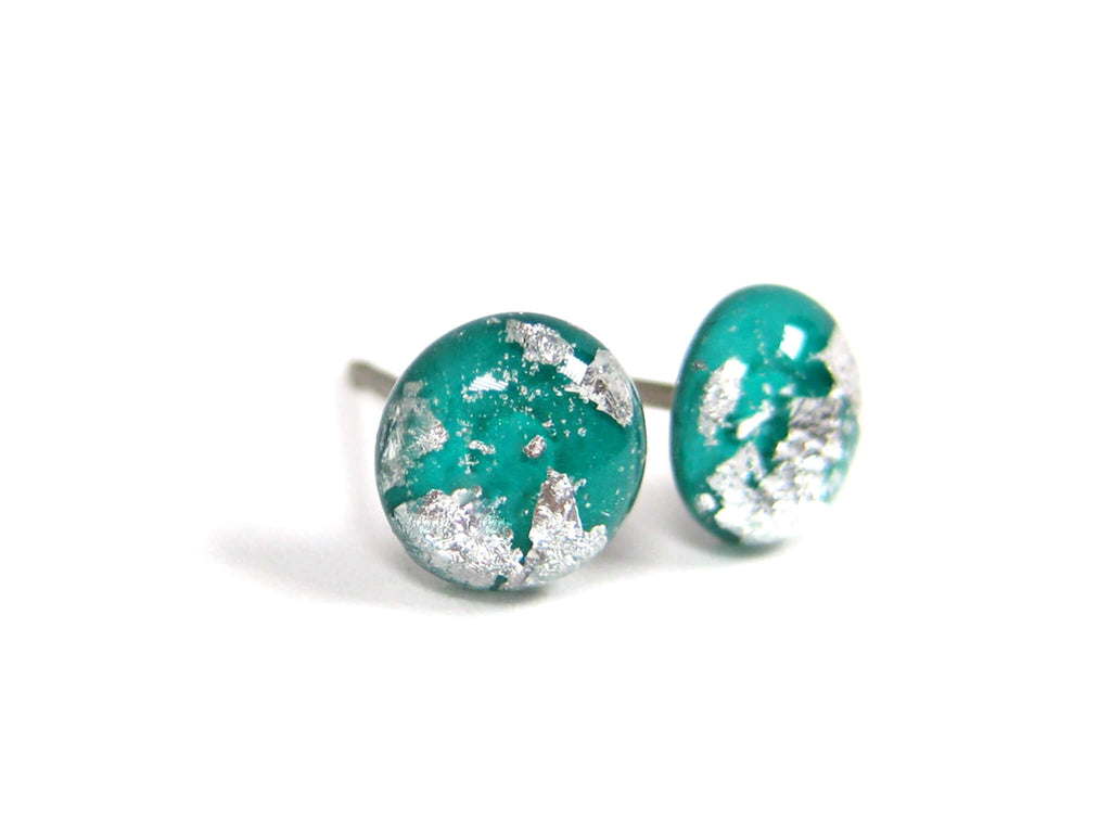 Aquamarine Teal Silver Dust Titanium Stud Earrings