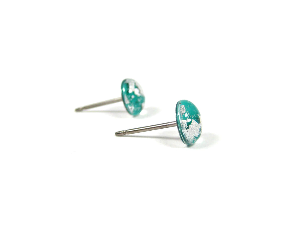 Aquamarine Teal Silver Dust Titanium Stud Earrings