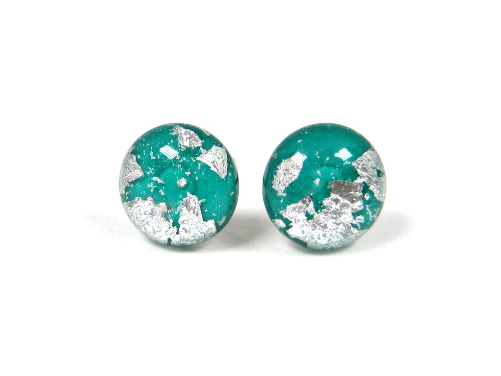 Aquamarine Teal Silver Dust Titanium Stud Earrings