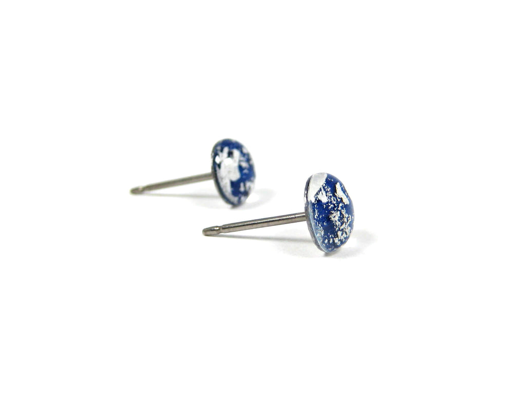 Azure Blue Silver Dust Titanium Stud Earrings