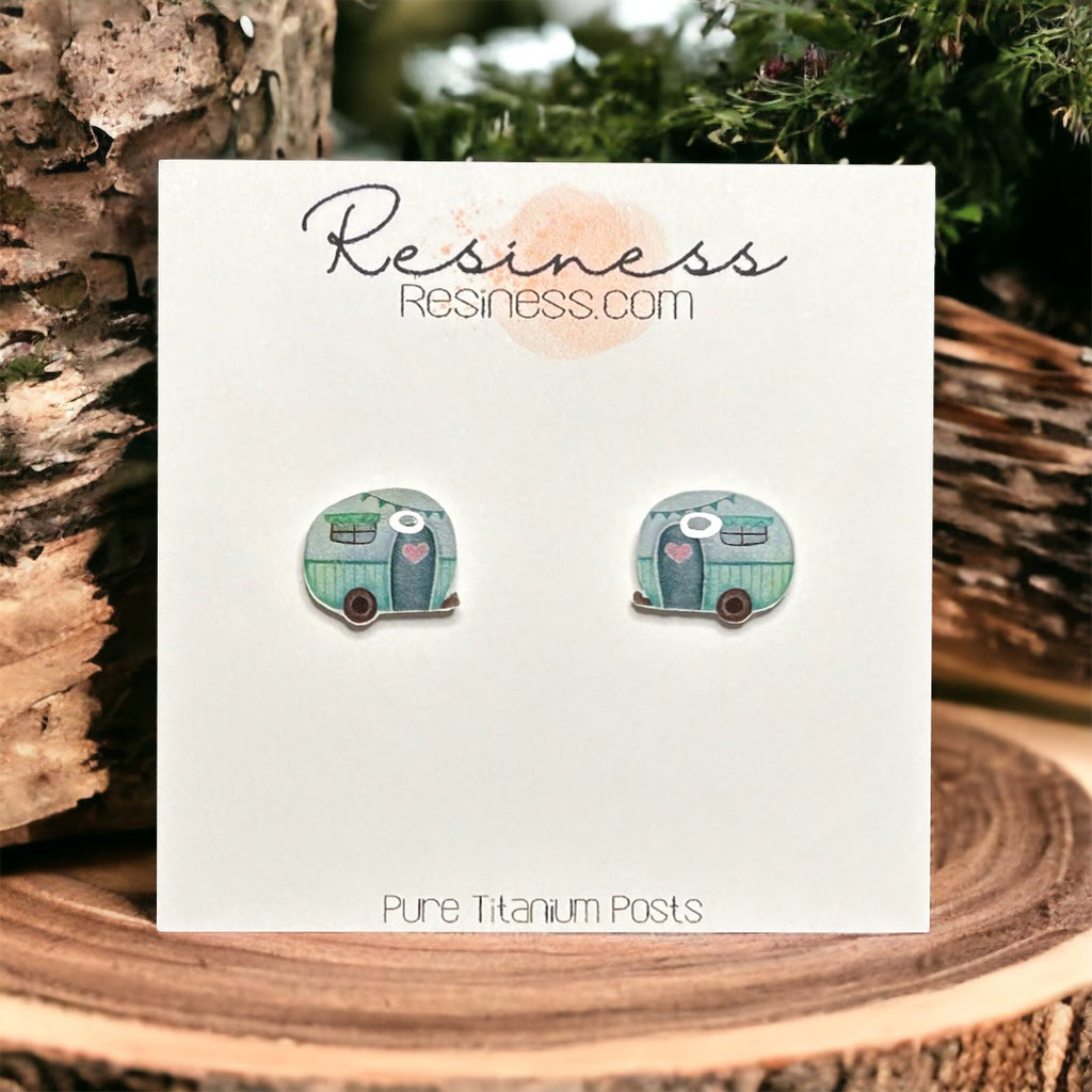 Green RV Camper Titanium Stud Earrings