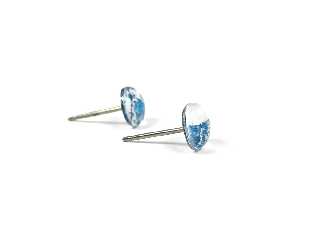 Cerulean Blue Silver Dust Titanium Stud Earrings