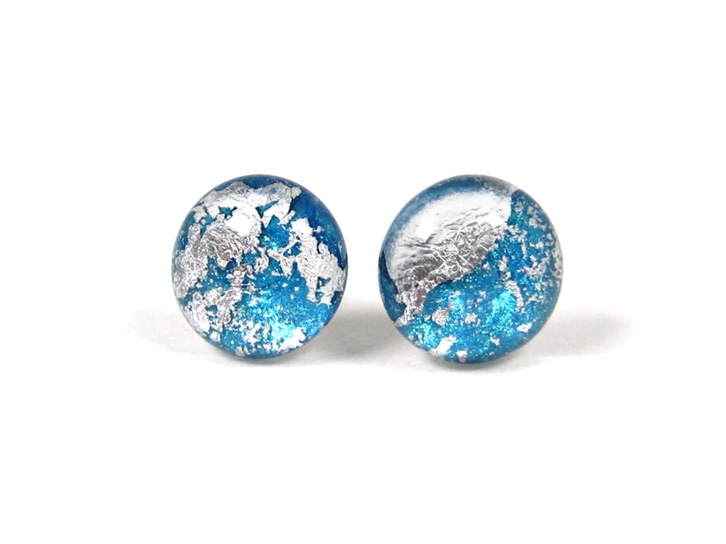 Cerulean Blue Silver Dust Titanium Stud Earrings