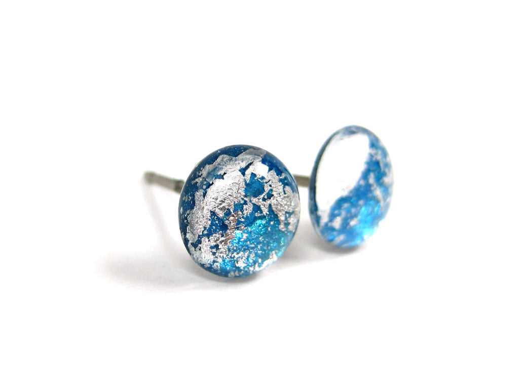 Cerulean Blue Silver Dust Titanium Stud Earrings