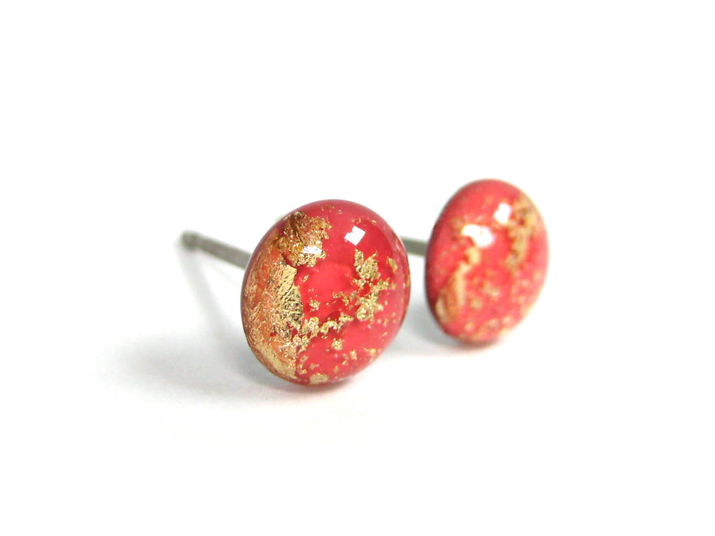 Coral Red Gold Dust Titanium Stud Earrings