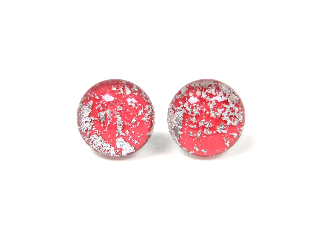 Coral Red Silver Dust Titanium Stud Earrings