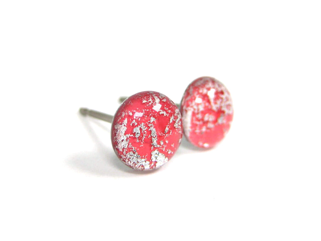 Coral Red Silver Dust Titanium Stud Earrings