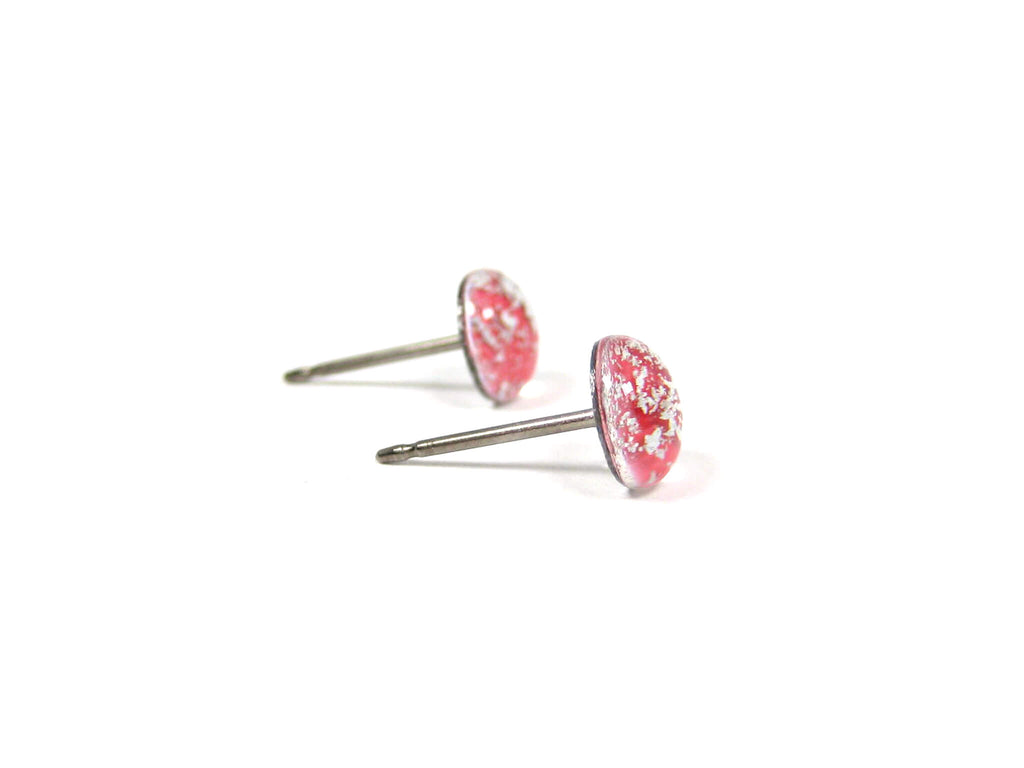 Coral Red Silver Dust Titanium Stud Earrings