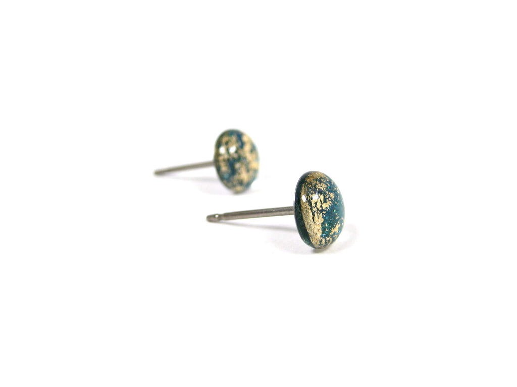 Dark Cyan Gold Dust Titanium Stud Earrings