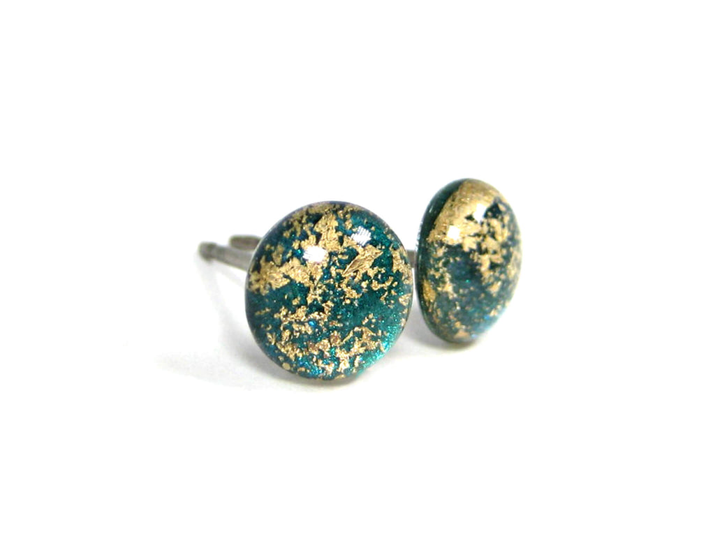 Dark Cyan Gold Dust Titanium Stud Earrings