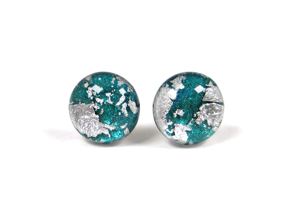 Dark Cyan Silver Dust Titanium Stud Earrings