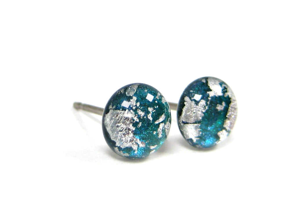 Dark Cyan Silver Dust Titanium Stud Earrings