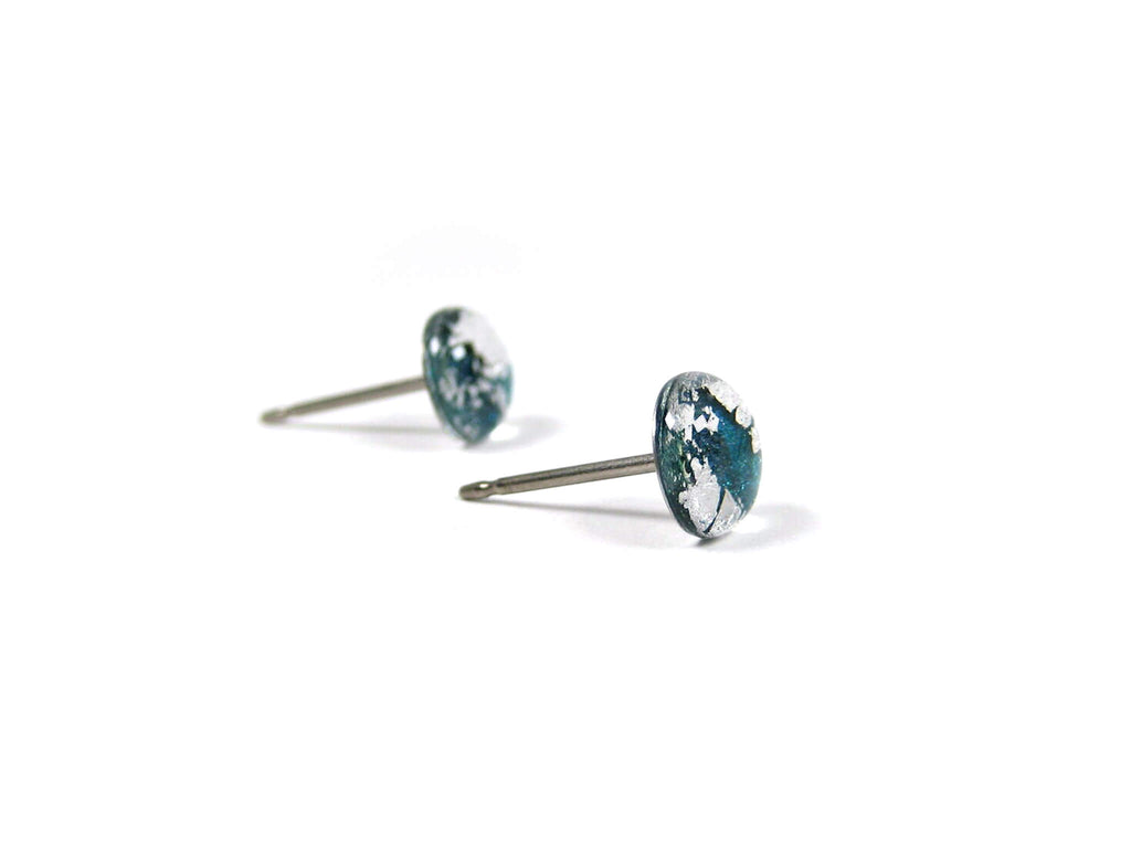 Dark Cyan Silver Dust Titanium Stud Earrings