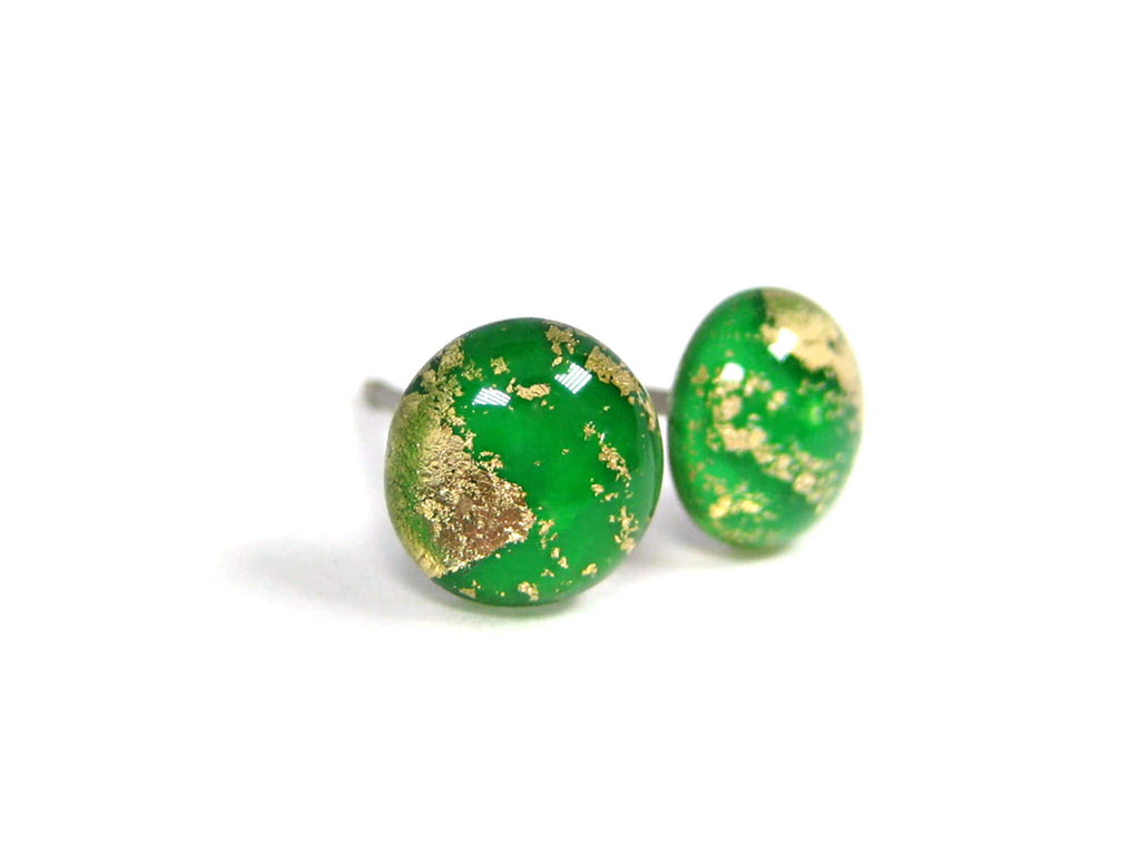 Emerald Green Gold Dust Titanium Stud Earrings