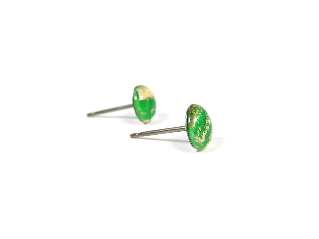 Emerald Green Gold Dust Titanium Stud Earrings