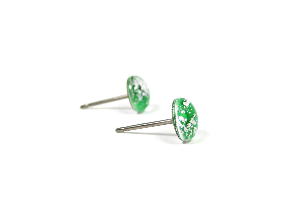 Emerald Green Silver Dust Titanium Stud Earrings