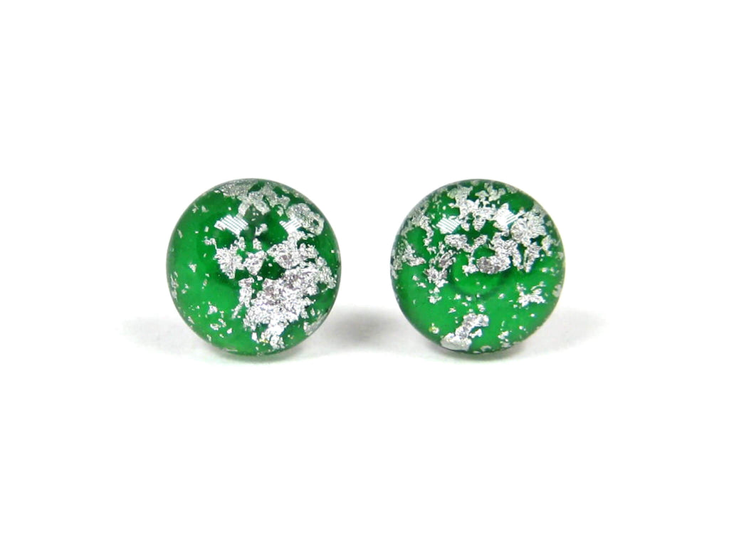 Emerald Green Silver Dust Titanium Stud Earrings