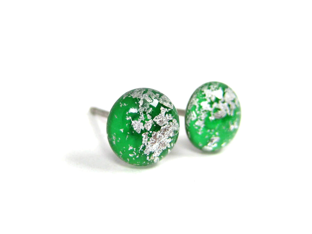 Emerald Green Silver Dust Titanium Stud Earrings