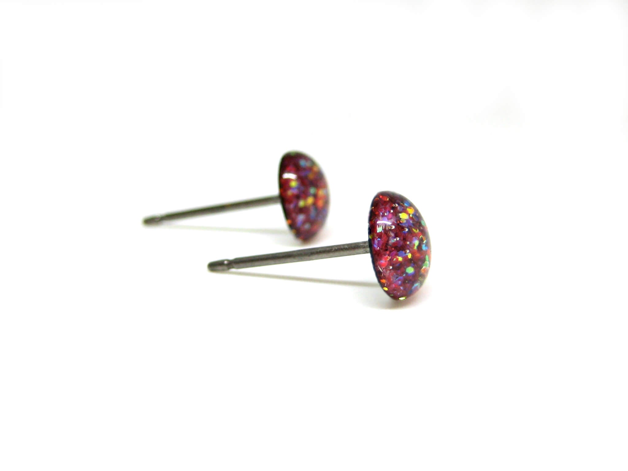 flames strike dark red glitter stud earrings