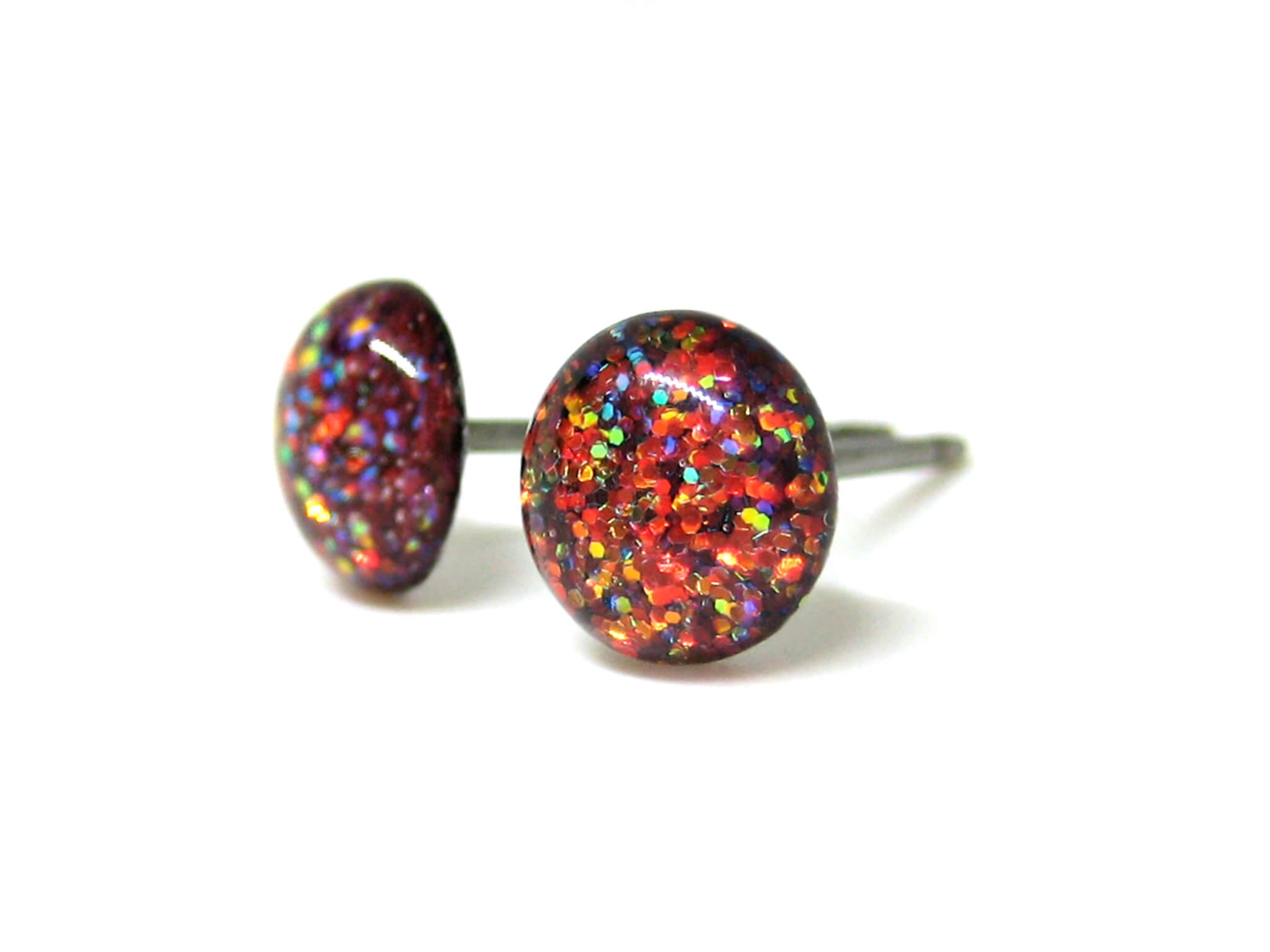 flames strike dark red glitter stud earrings