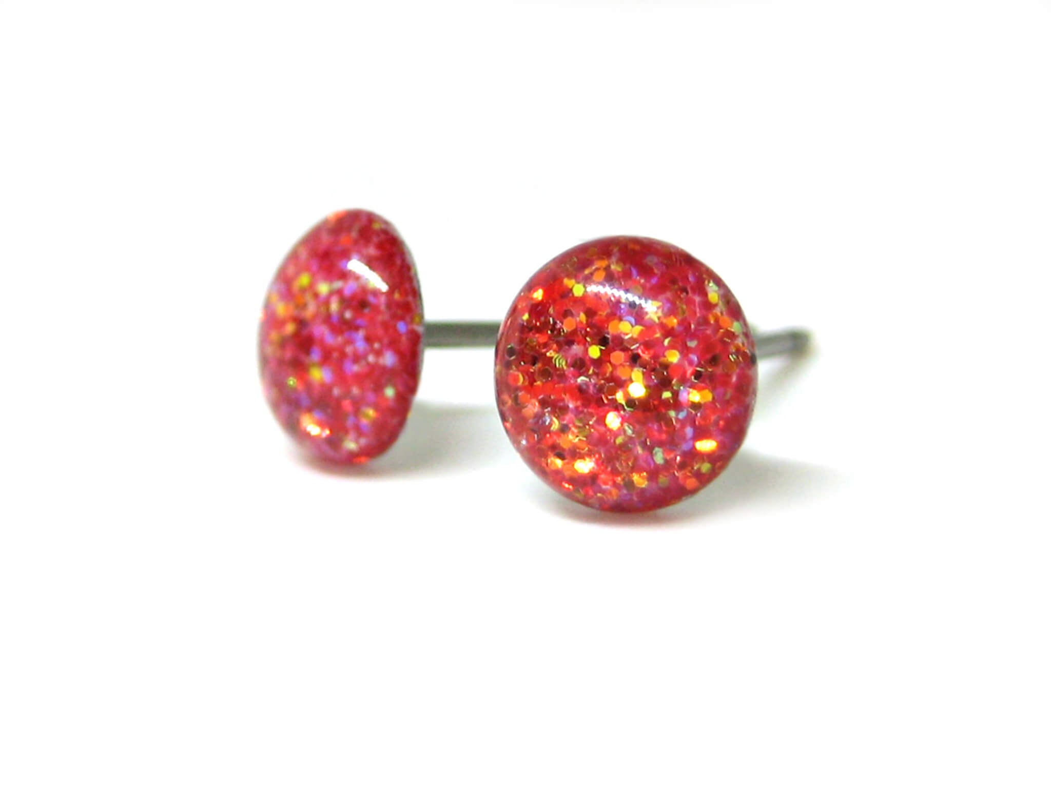 flames strike light red glitter stud earrings