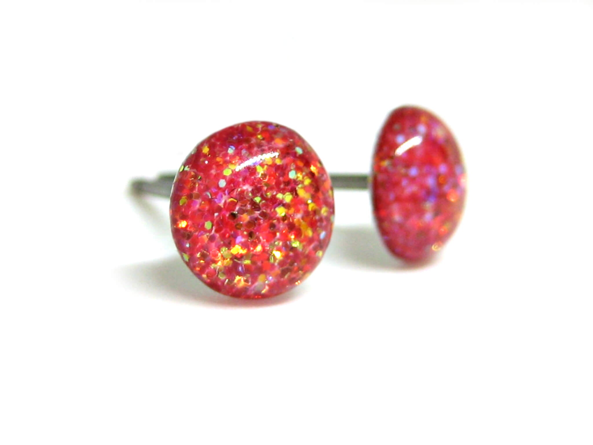 flames strike light red glitter stud earrings