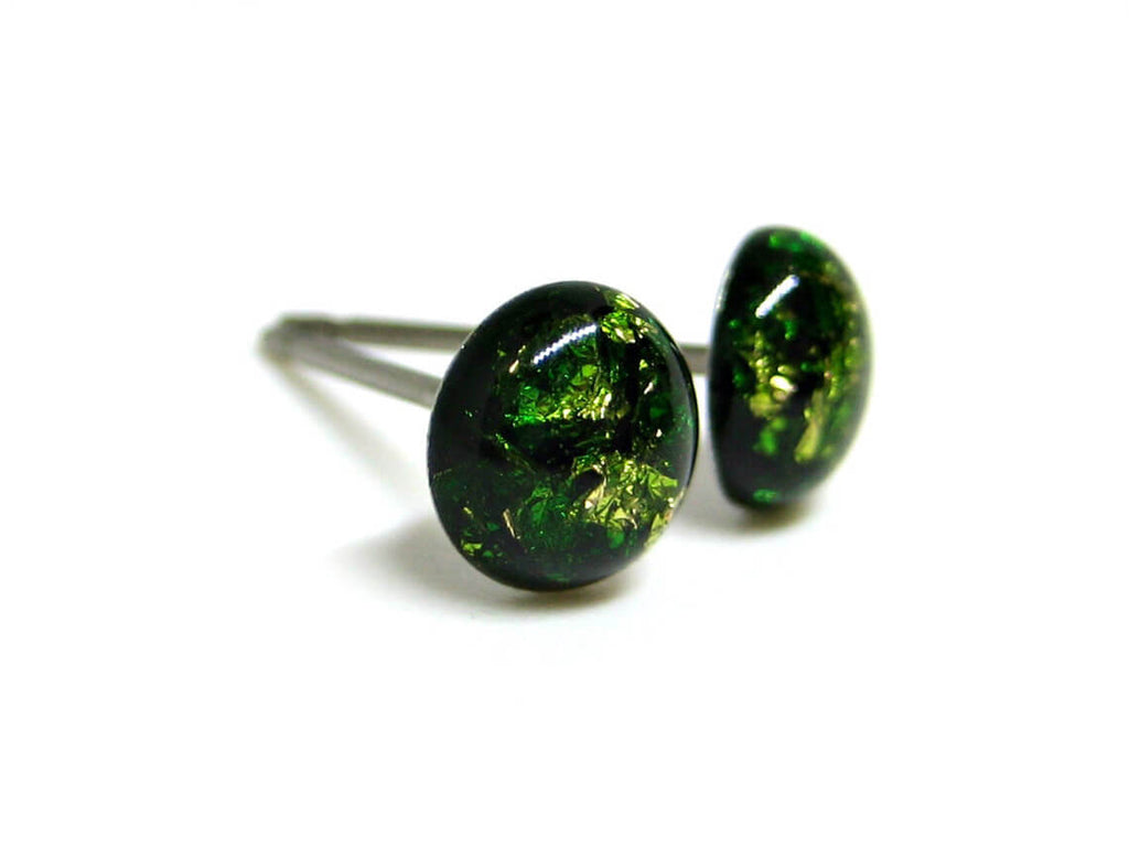 Dark Forest Green Gold Flake Titanium Stud Earrings