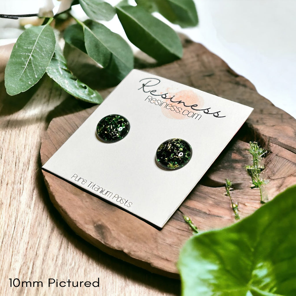 Dark Forest Green Gold Flake Titanium Stud Earrings