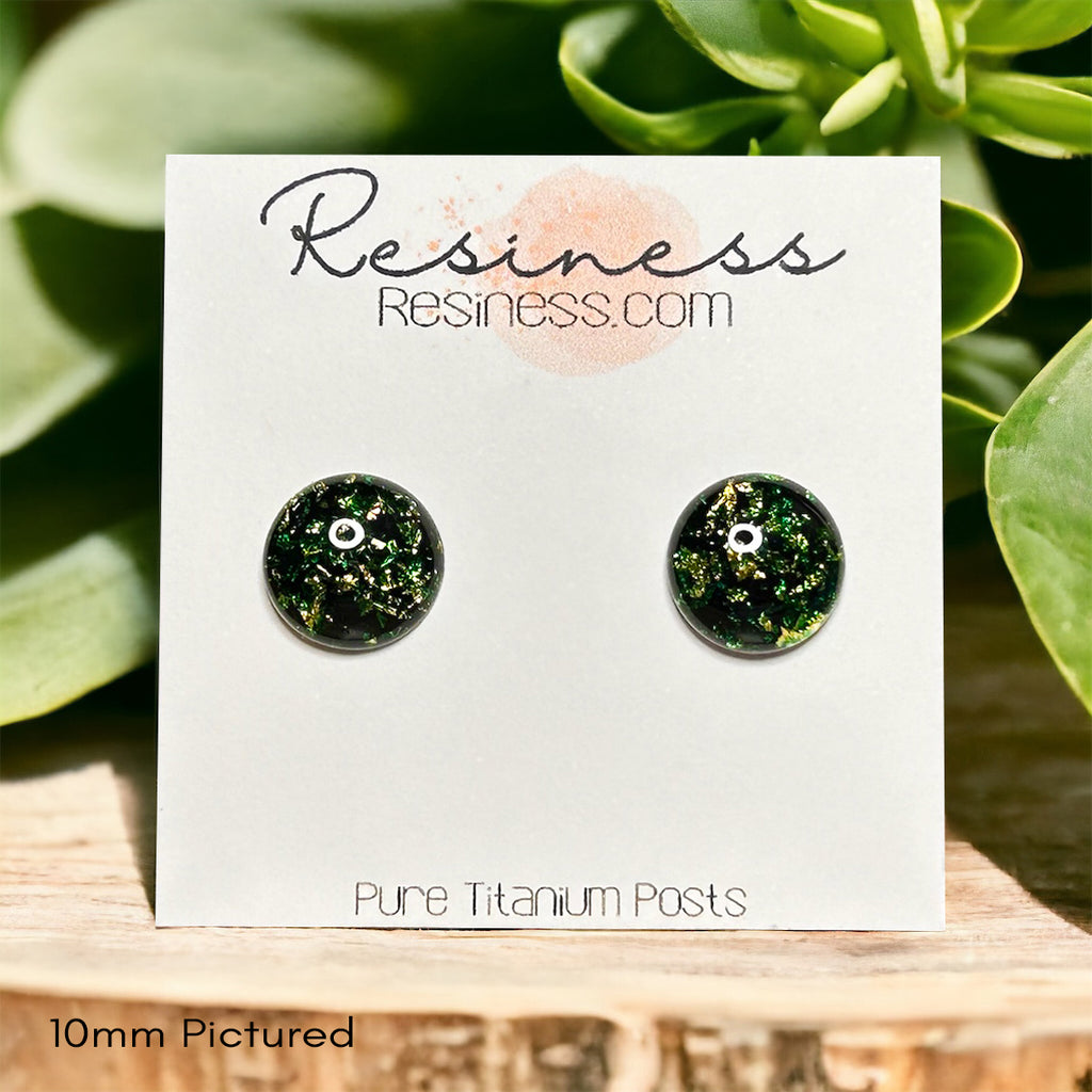 Dark Forest Green Gold Flake Titanium Stud Earrings