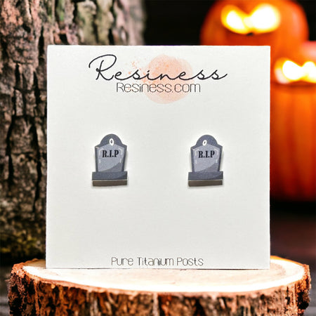 RIP gravestone graphic stud earrings