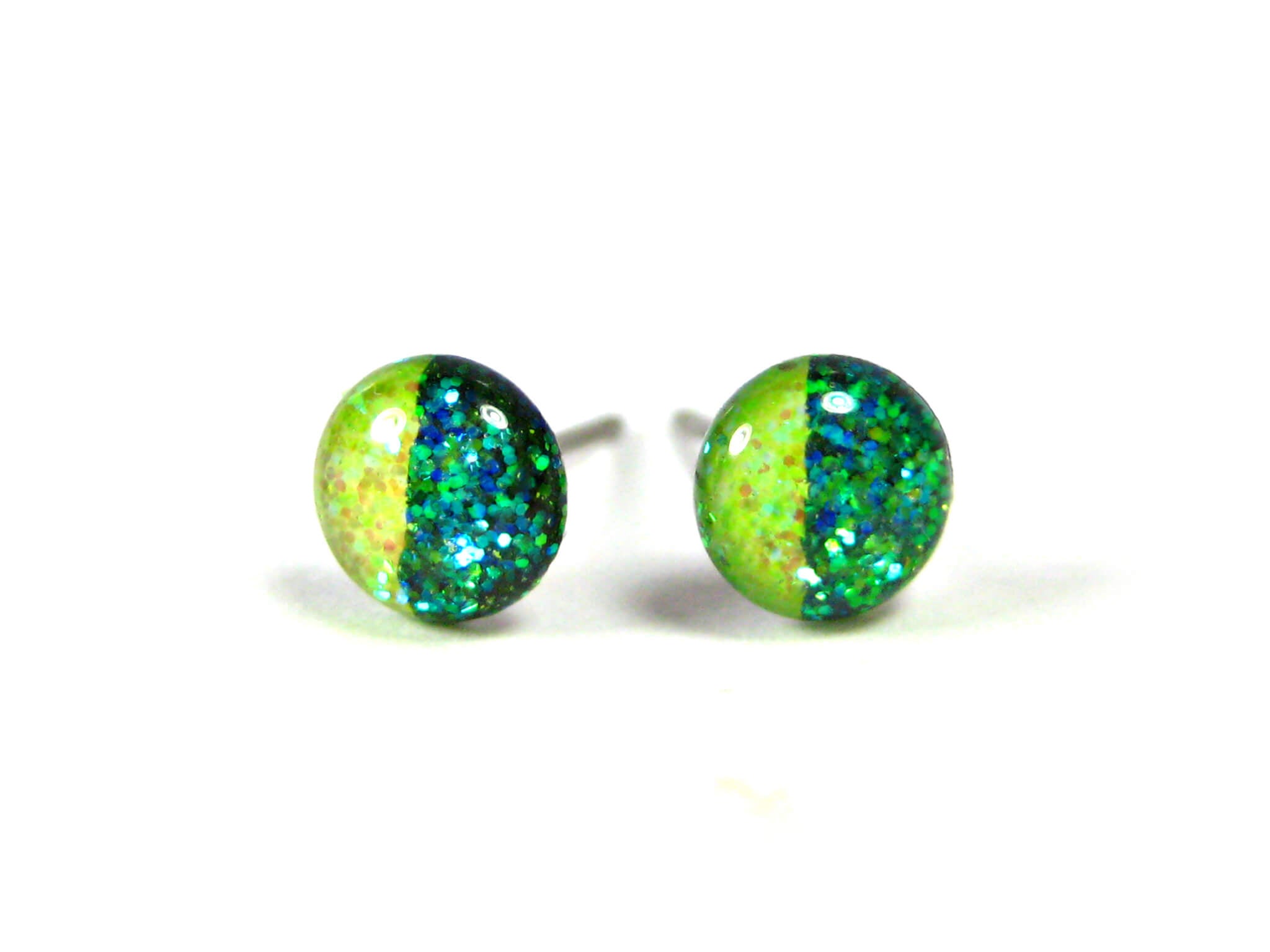 harlequin radiance half dark half light green glitter stud earrings