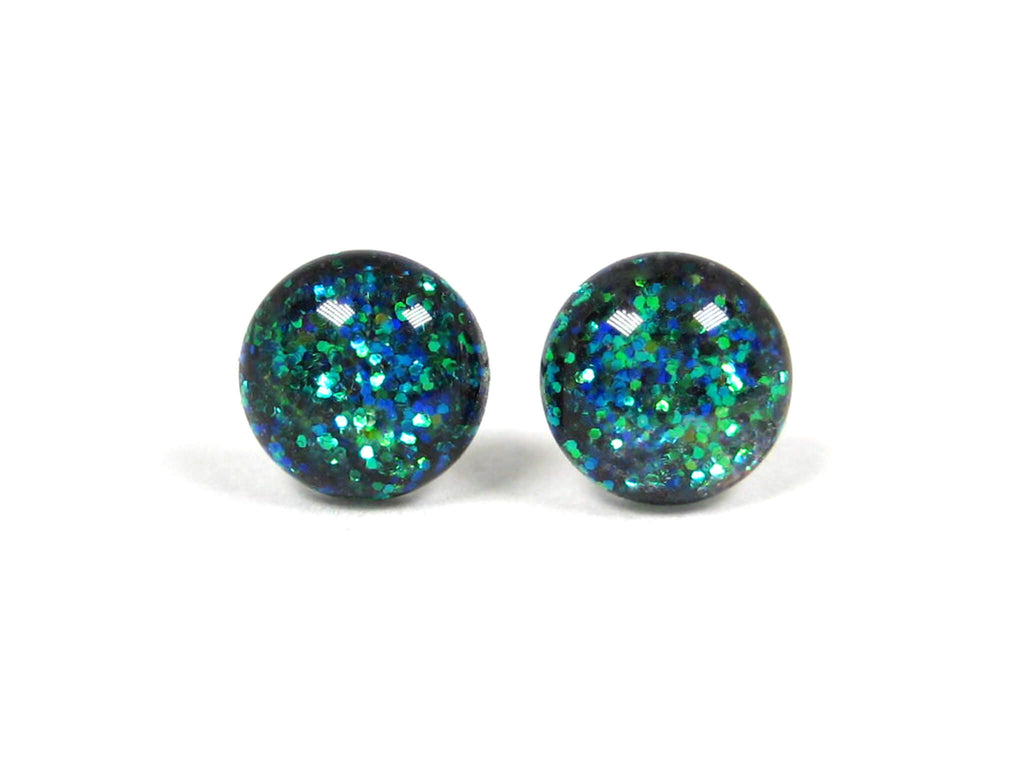 Lunar Eclipse Green/Blue Glitter Titanium Stud Earrings