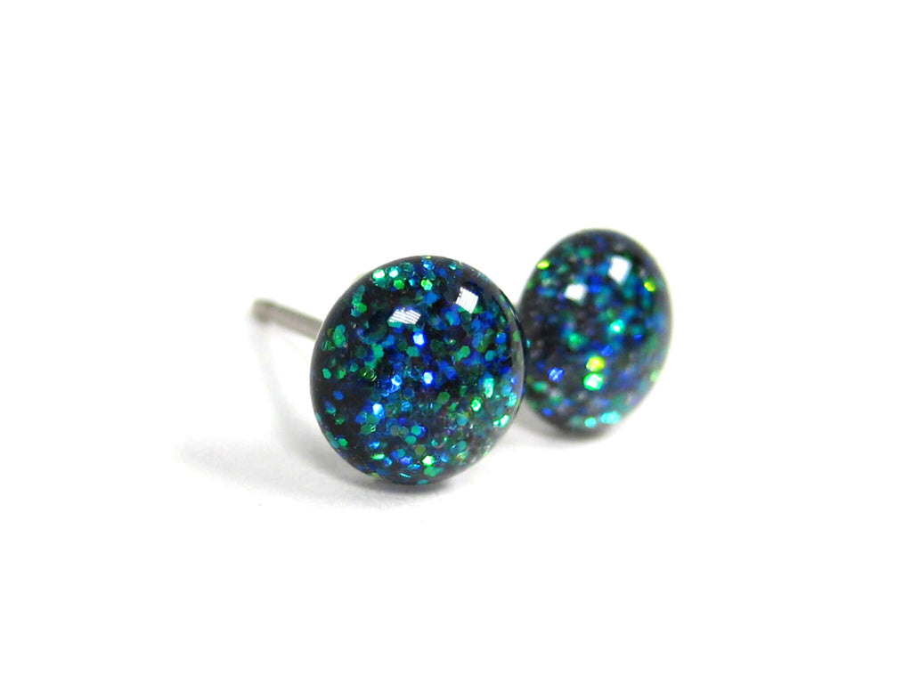 Lunar Eclipse Green/Blue Glitter Titanium Stud Earrings