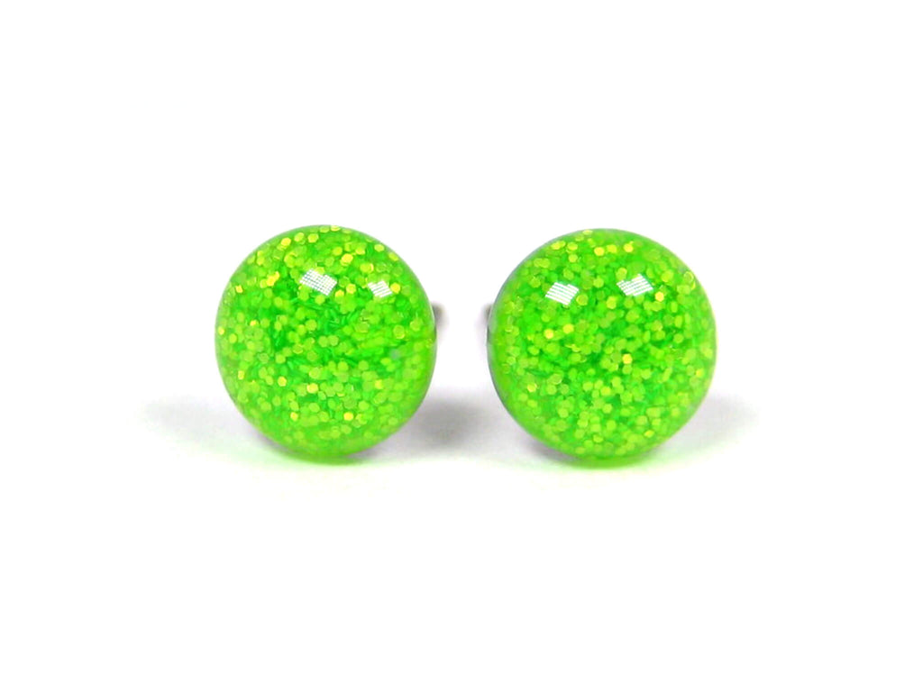 Neon Green Glitter Titanium Stud Earrings