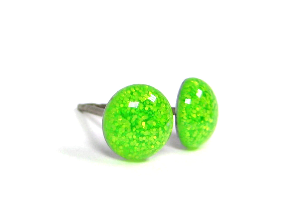 Neon Green Glitter Titanium Stud Earrings