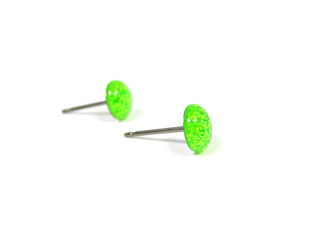 Neon Green Glitter Titanium Stud Earrings
