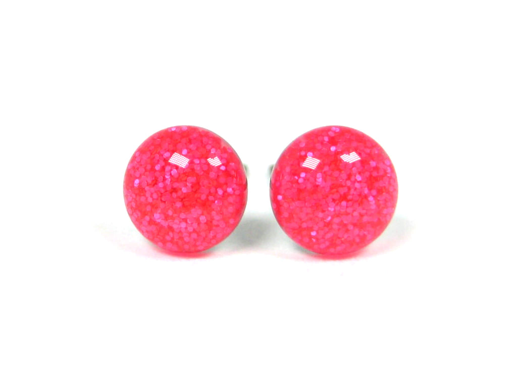 Neon Pink Glitter Titanium Stud Earrings
