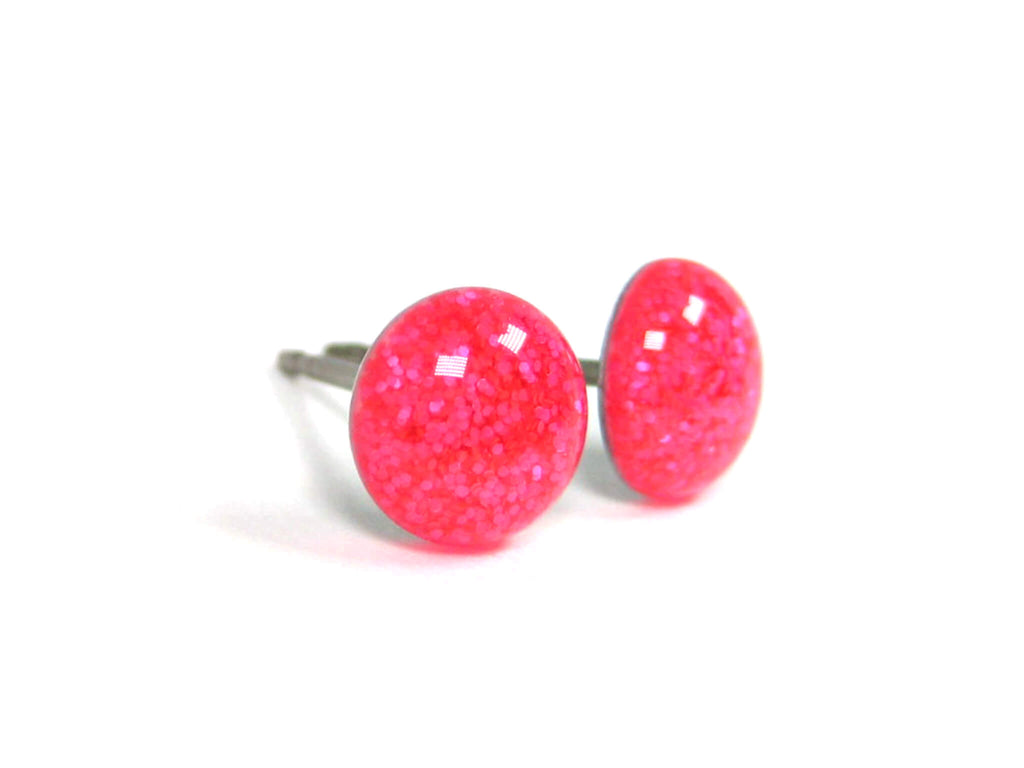 Neon Pink Glitter Titanium Stud Earrings