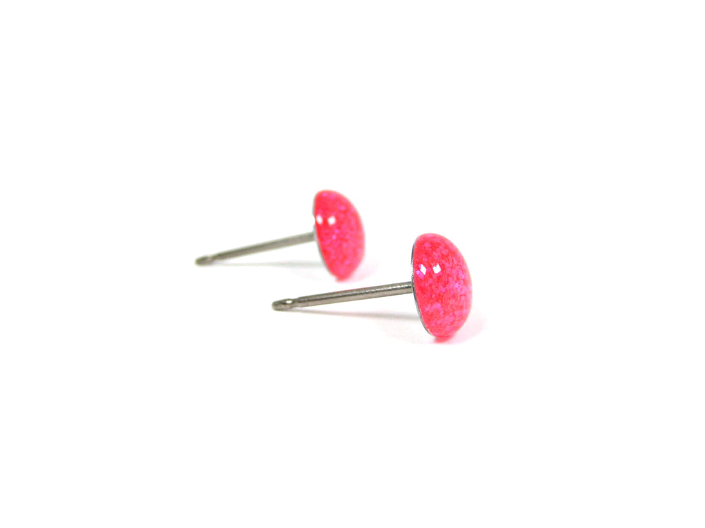Neon Pink Glitter Titanium Stud Earrings