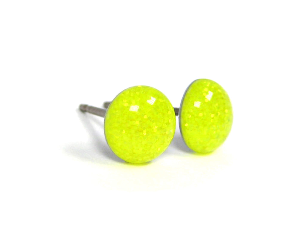 Neon Yellow Glitter Titanium Stud Earrings
