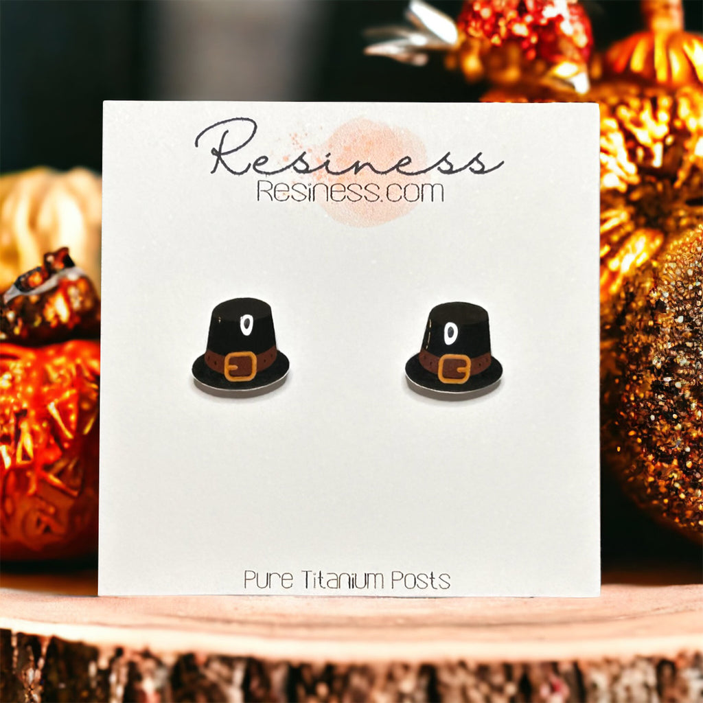 Thanksgiving Pilgrim Hat Titanium Stud Earrings