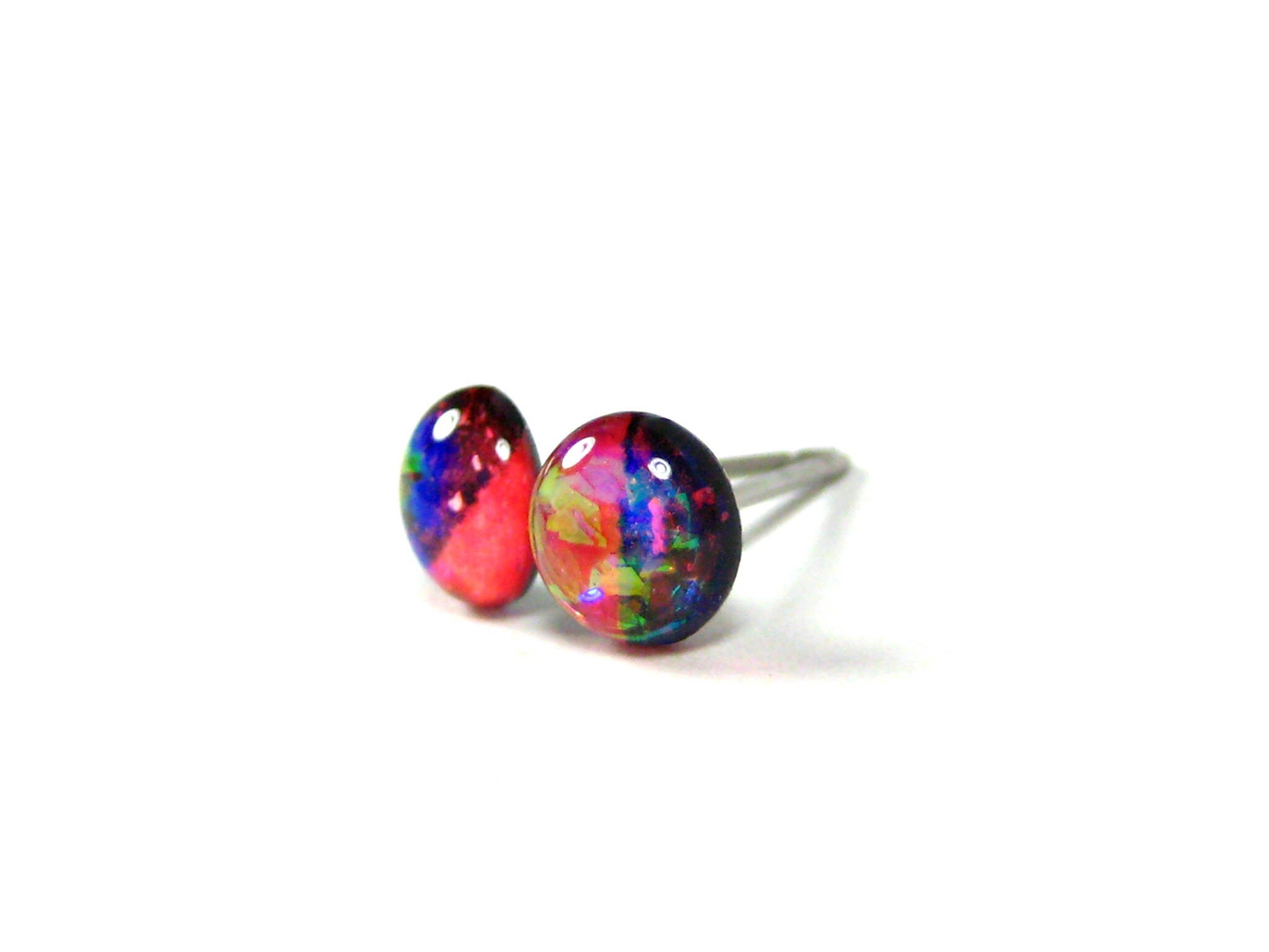 cherry bomb half dark half light pink glitter stud earrings