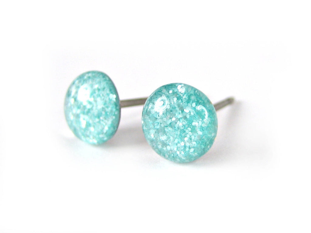 Aqua Tulip Teal Glitter Titanium Stud Earrings